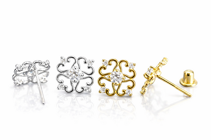 14k Yellow and White Gold Flower Stud Earrings with Cz