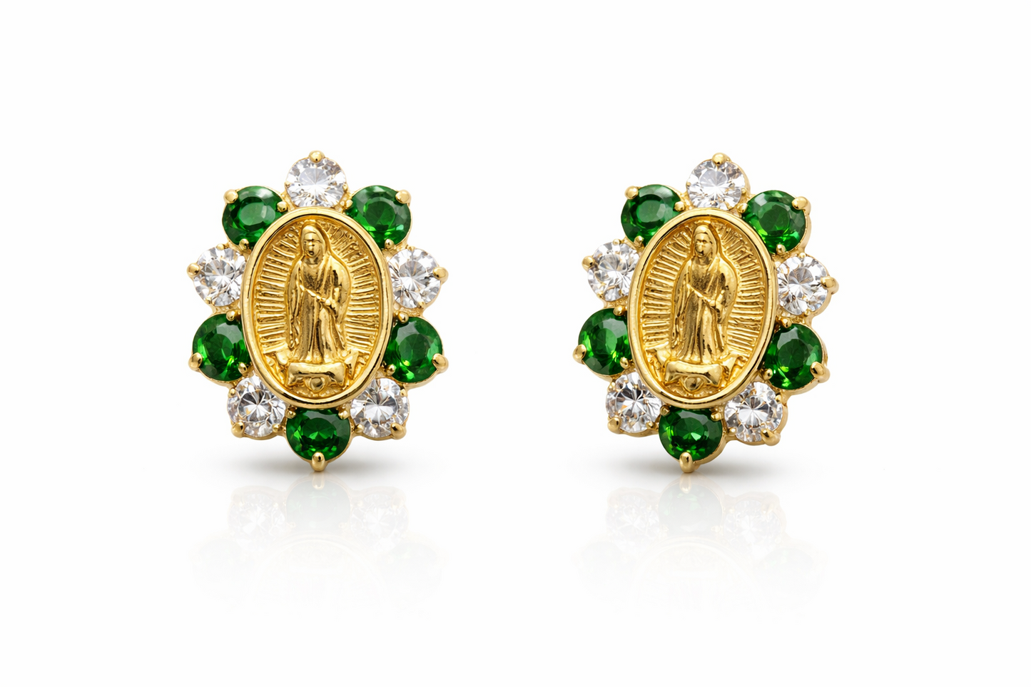 14K Yellow Gold Guadalupe Virgin Mary Screw Back CZ Stud Earrings