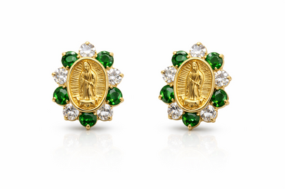 14K Yellow Gold Guadalupe Virgin Mary Screw Back CZ Stud Earrings