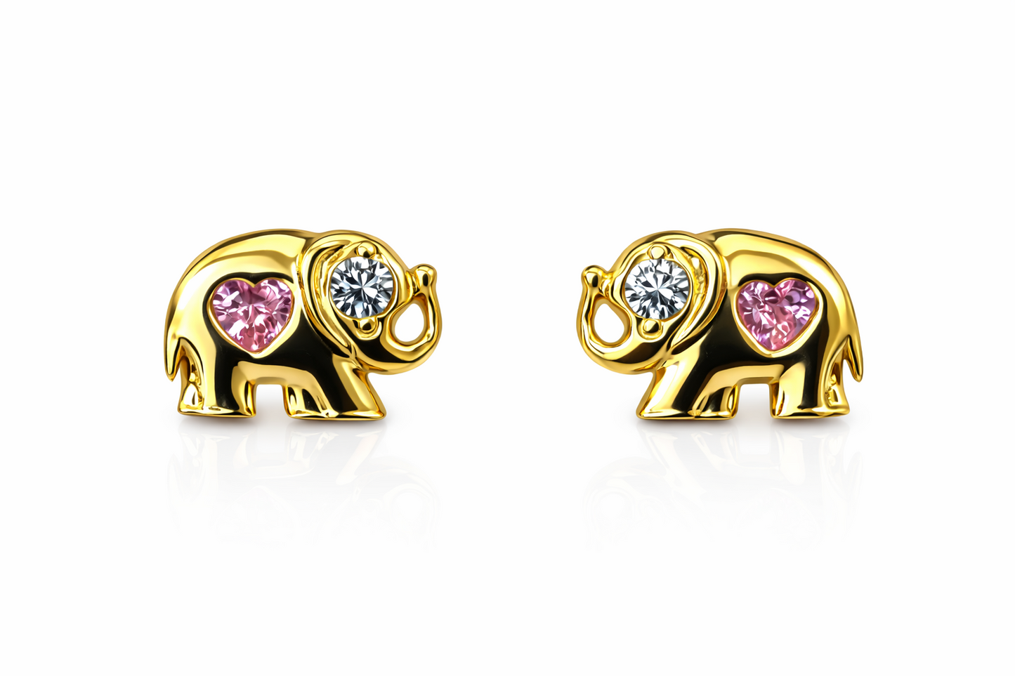 14k Yellow Gold Elephant CZ Heart Stud Earrings Screwback