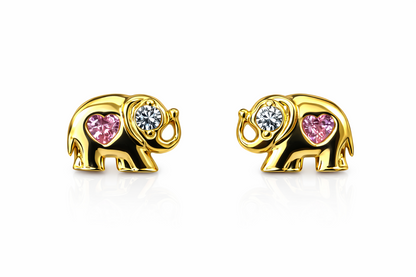 14k Yellow Gold Elephant CZ Heart Stud Earrings Screwback