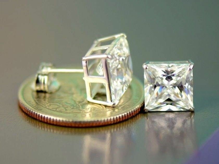 14k Heavy Basket White Gold Square AAA Quality CZ Stud Earrings with Push Back