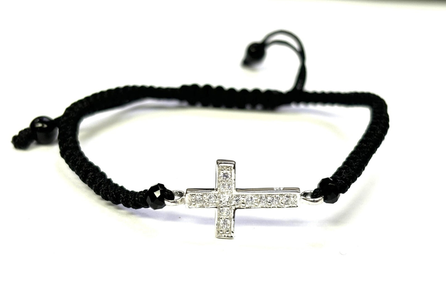 925 Sterling Silver String CZ Bracelet Cross 6" Adjustable to 11"