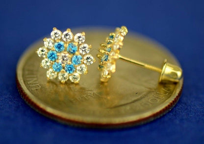 14k Yellow Gold Flower Stud CZ Earrings with screw back