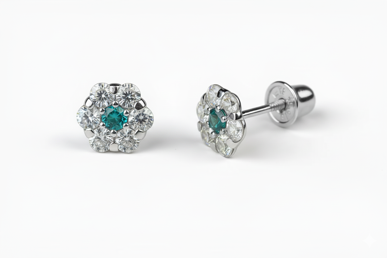 14K White Gold Flower Shaped  Screw Back Stud Earrings for Women