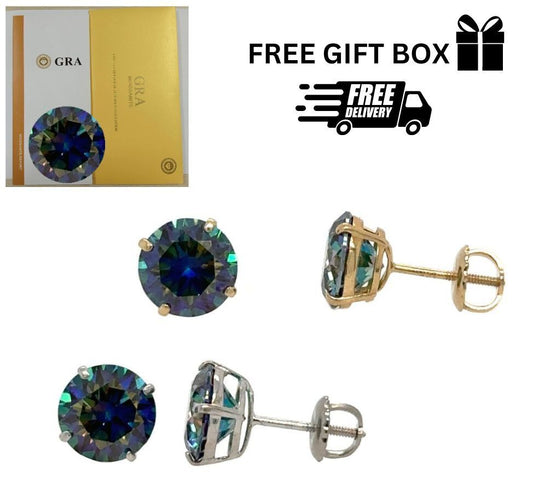 14K Gold GRA Certified D-VVS1 Rainbow Blue Moissanite Screw Back Studs Earrings