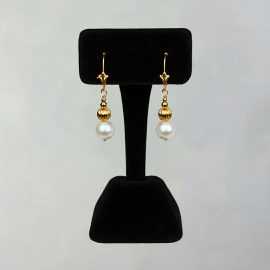 14K Yellow Gold Genuine White Pearl Earrings for Women  Elegant Jewelry Gift