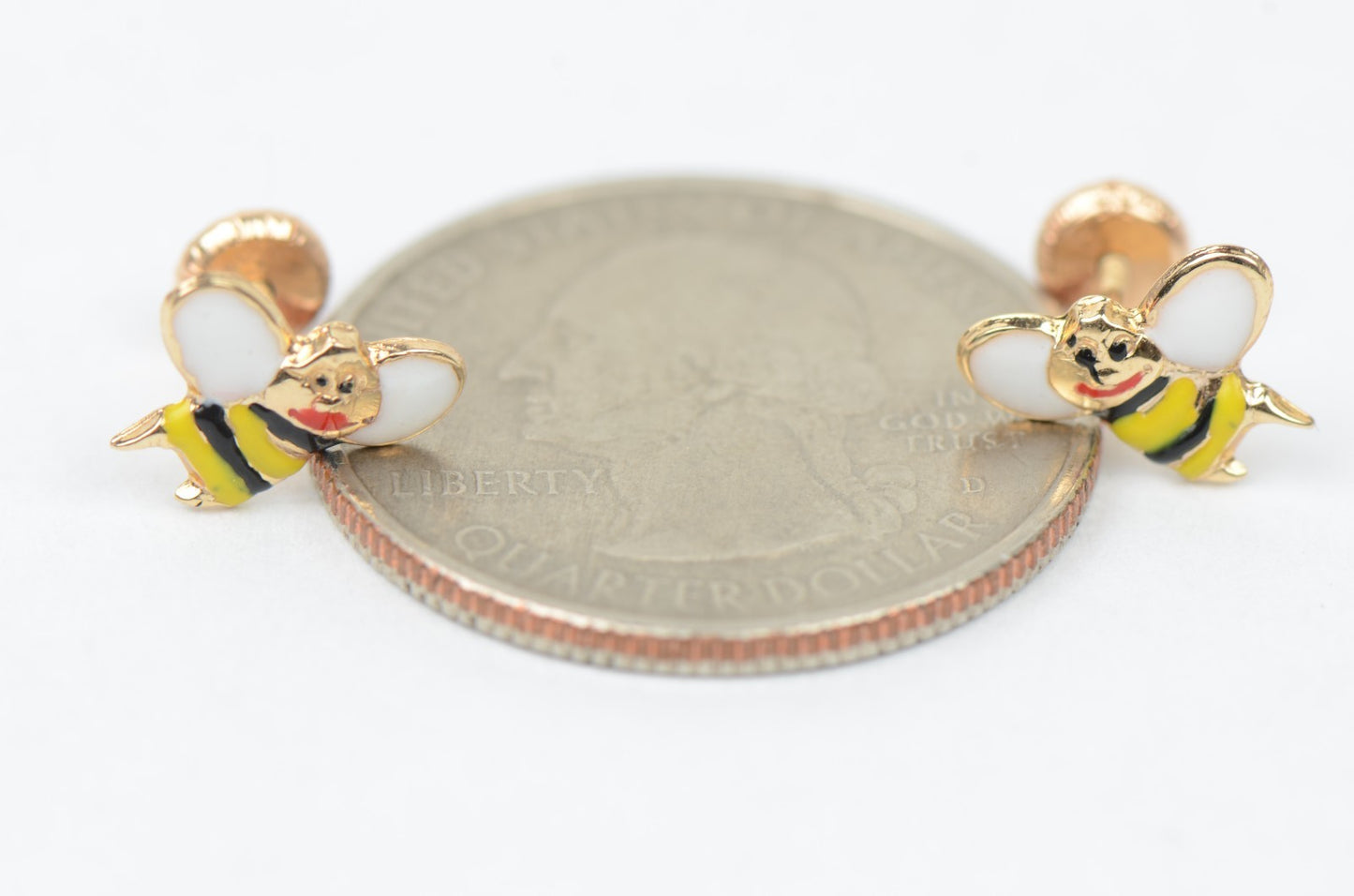 14k Yellow Gold Baby Beautiful Enamel Bee earrings with Screw Back