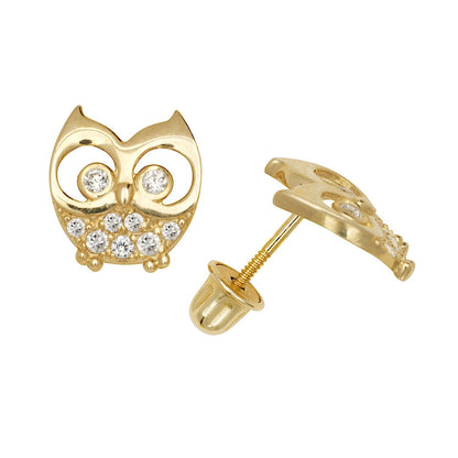 14K Yellow & White Gold Elegant Owl Shaped Studs Earrings for Women