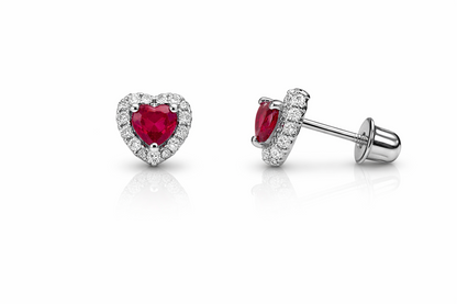 14K White Gold Halo Heart CZ Stud Earrings Screw Back