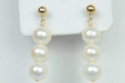 14k Yellow Gold Genuine White Pearls 3pcs Set: Necklace, Bracelet, Earrings
