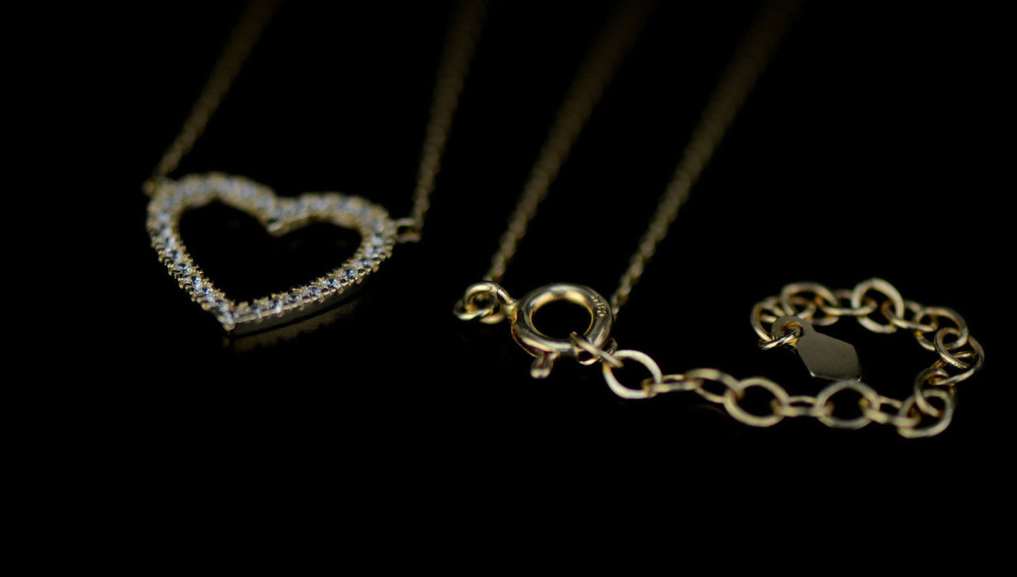 14K Yellow Gold CZ Heart Necklace Cable Chain