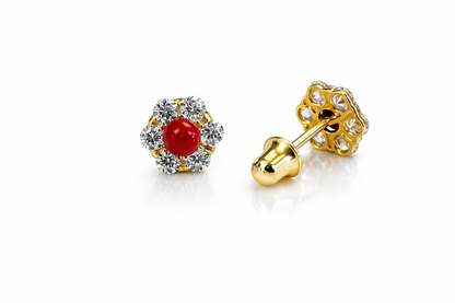 14k Yellow Gold Red Coral Stud Earrings/ Screw Back