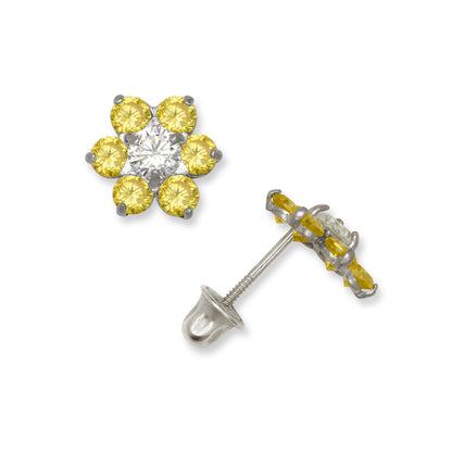 14k White Gold CZ Flower Birthstone Stud Screw Back Earrings
