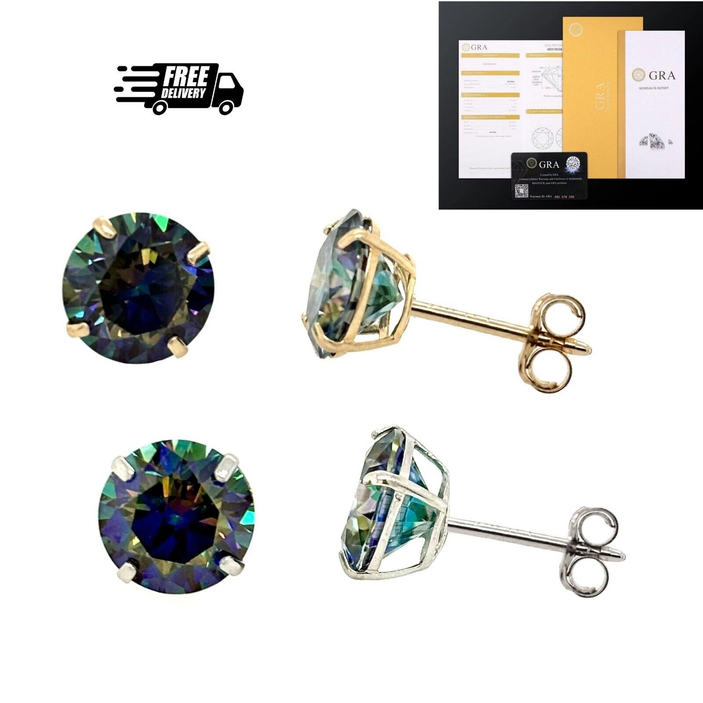 14K Gold GRA Certified D-VVS1 Rainbow Blue Moissanite Push Back Studs Earrings