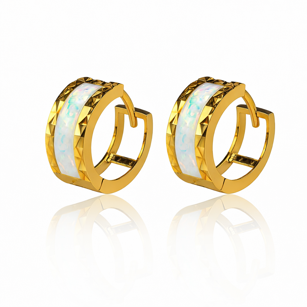 14k Yellow Gold White Opal Huggie Hoop Earrings