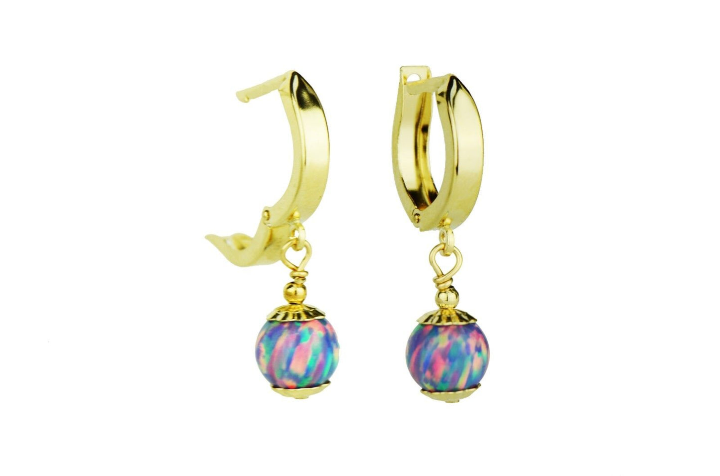 14k Yellow Gold Purple Opal Huggie Dangle Earrings