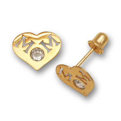 14k Yellow & White Gold Mom Heart Shape with CZ Screw Back Earrings for Women