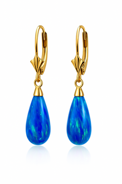 14k Yellow and White Gold Dark Blue Opal Leverback Earrings