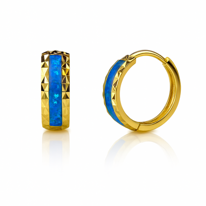 14k Yellow Gold Dark Blue Opal Huggie Hoop Earrings