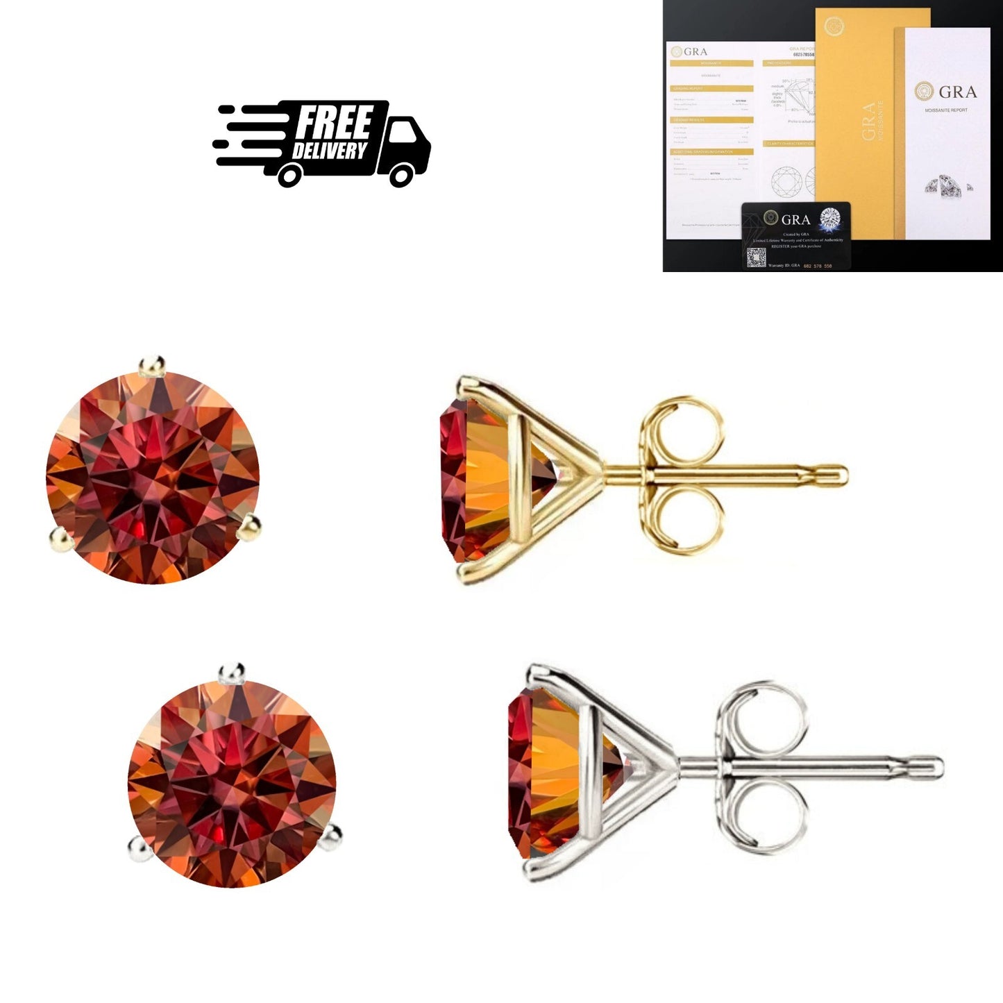 14KGold GRACertifiedD-VVS1 Watermelon Red Moissanite  Push Back Stud Earrings