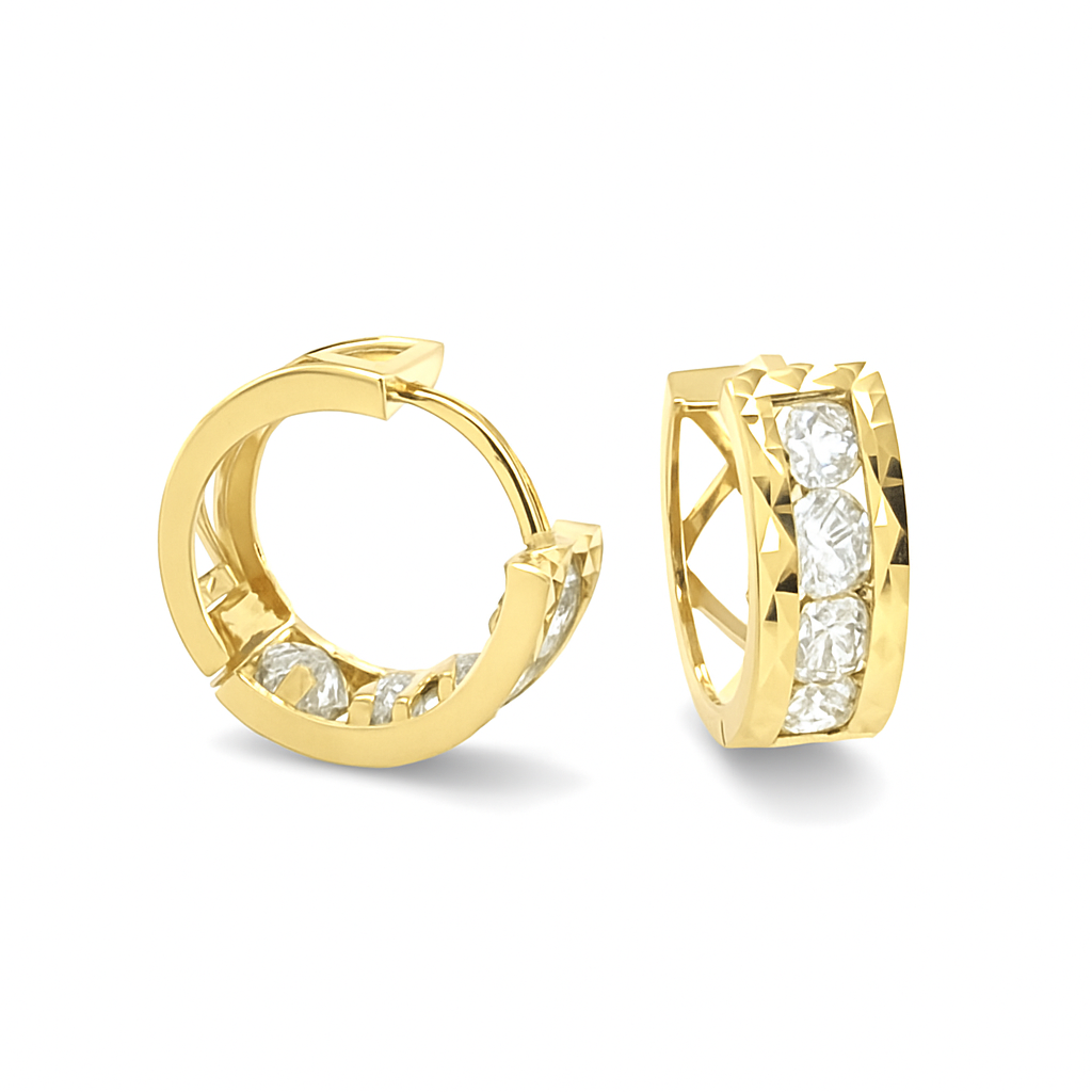 14k Yellow Gold Diamond Cut with Birthstone Huggie Earrings
