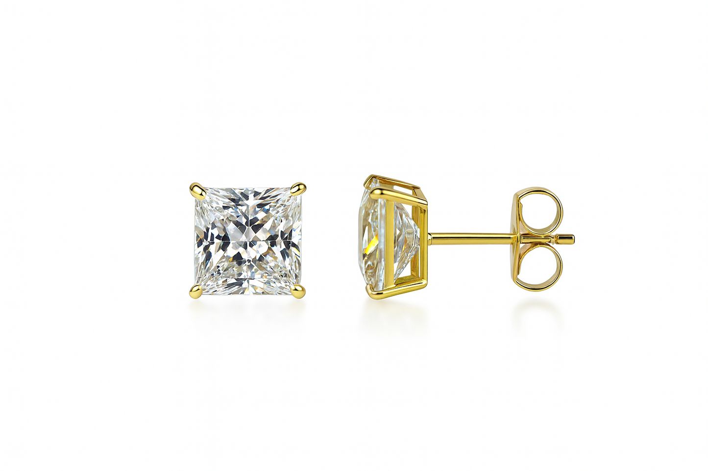 14k Heavy Basket Yellow Gold Square AAA Quality CZ Stud Earrings with Push Back