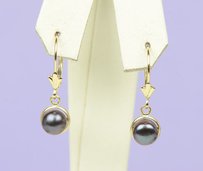 14k Yellow Gold Black Natural Pearl Dangle Earrings