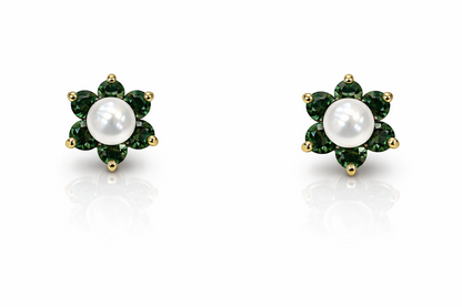 14k Yellow or White Gold Flower CZ Stud Earrings White Pearl with Screw Back