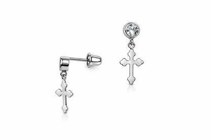 14K Yellow White Gold Cubic Zirconia CZ Cross Dangle Earrings