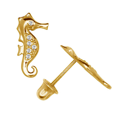 14K Yellow & White Gold Unique Seahorse Stud Earrings for Women