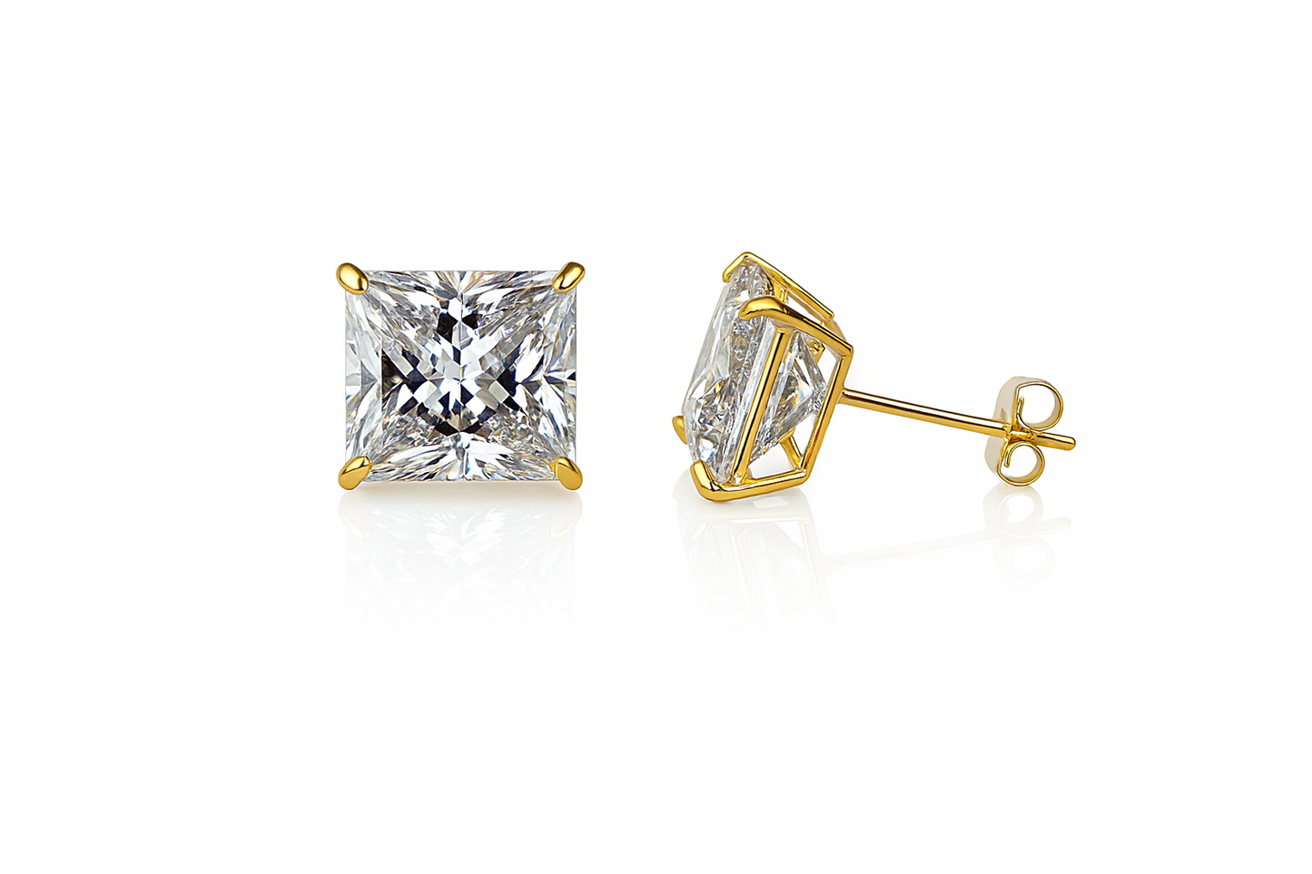 14k solid yellow gold square clear CZ basket set stud earrings 3mm-10mm