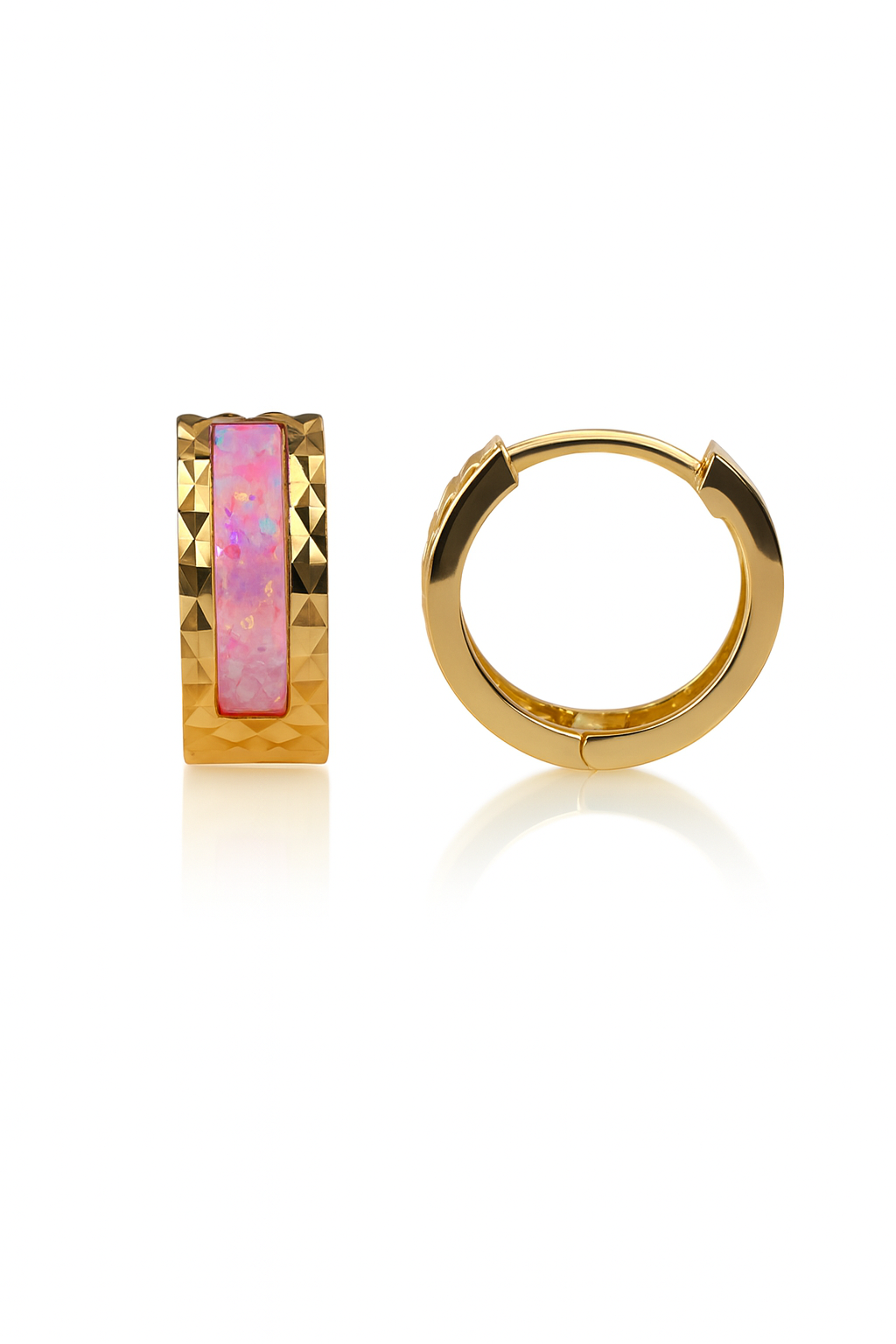 14k Yellow Gold Light Pink Opal Huggie Hoop Earrings