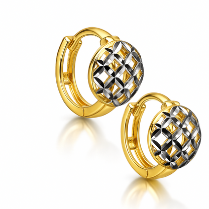 14k Two Tone Diamond Cut Gold Round Shape Huggie Earrings