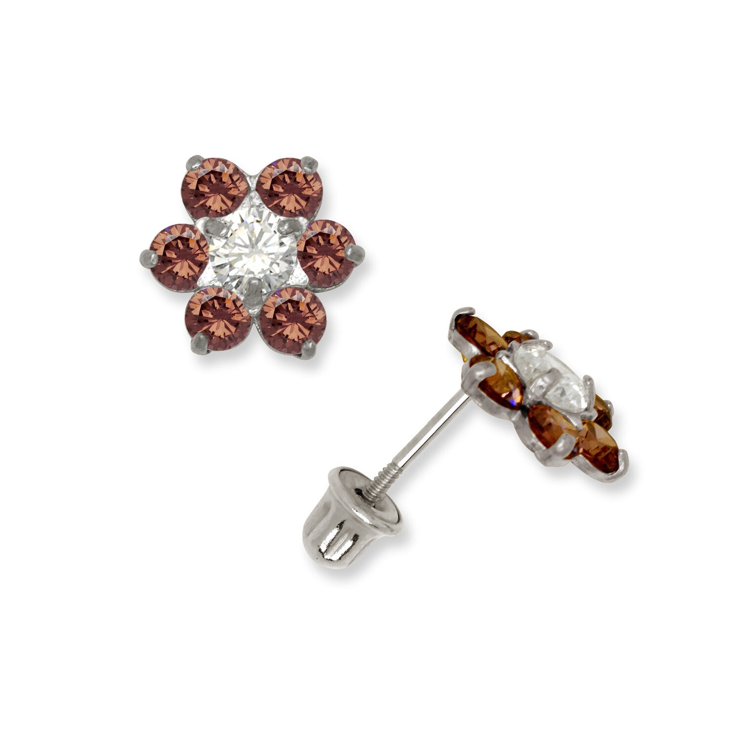 14k White Gold CZ Flower Birthstone Stud Screw Back Earrings
