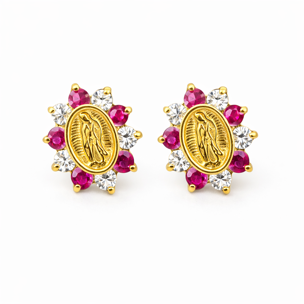 14K Solid Yellow Gold Guadalupe Virgin Mary Screw Back CZ Stud Earrings