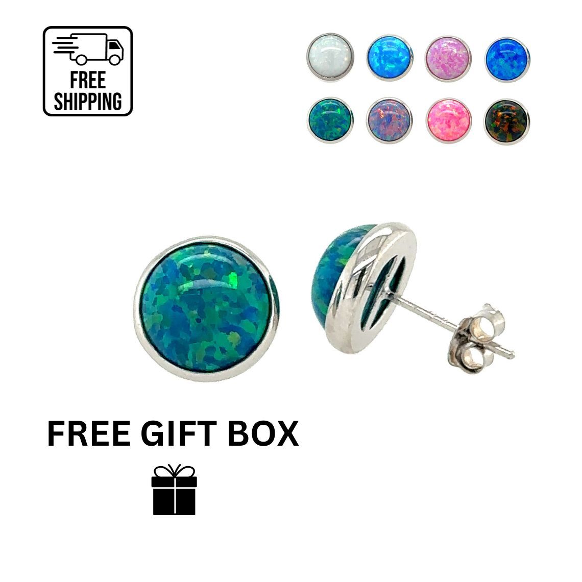 14K White Gold Opal Push Back Stud Earrings for Women