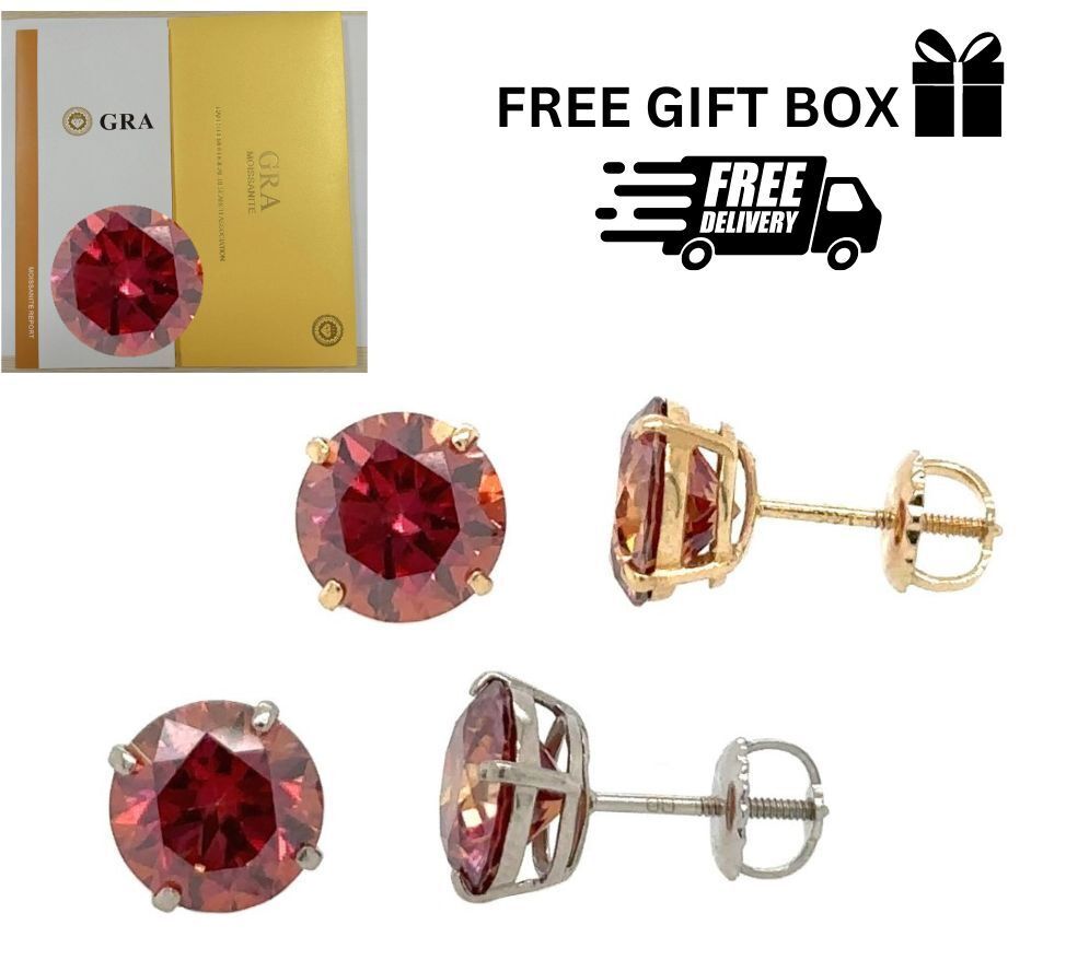 14K Gold GRA Certified D-VVS1 Watermelon Red Moissanite ScrewBack Studs Earrings