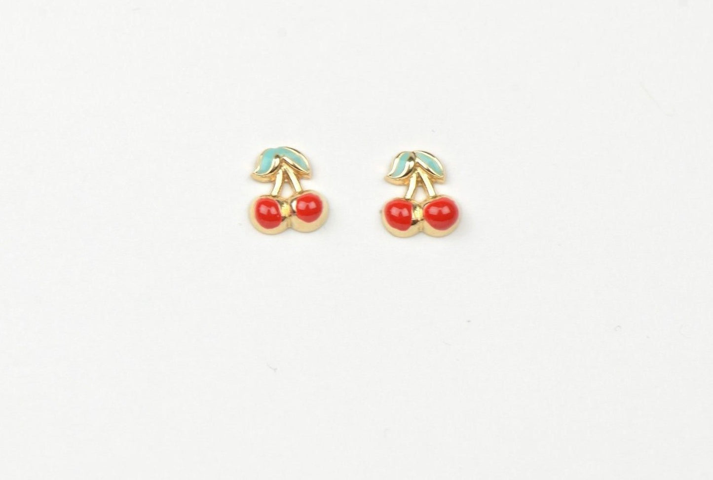 14k Yellow Gold Red and Green Enamel Cherry Baby Earrings, Screw Back
