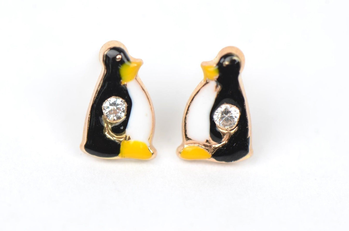 14k Yellow Gold Beautiful Enamel and CZ Penguin Baby Earrings, Screw Back