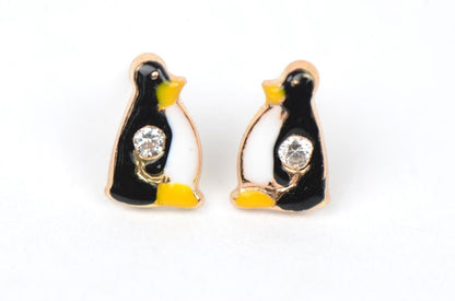 14k Yellow Gold Beautiful Enamel and CZ Penguin Baby Earrings, Screw Back