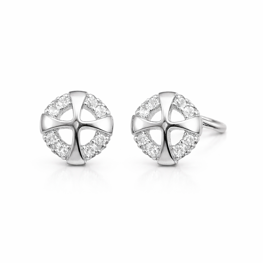 14K White or Yellow Gold Cross CZ Stud Earrings