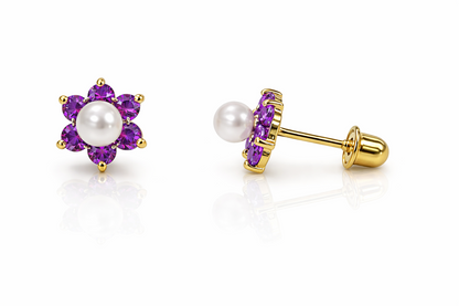 14k Yellow or White Gold Flower CZ Stud Earrings White Pearl with Screw Back
