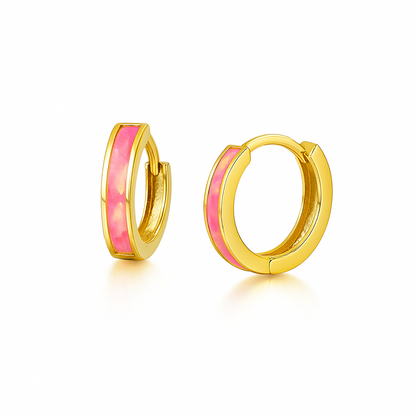 14k Yellow Gold One Row Pink Opal Huggie Hoop Earrings