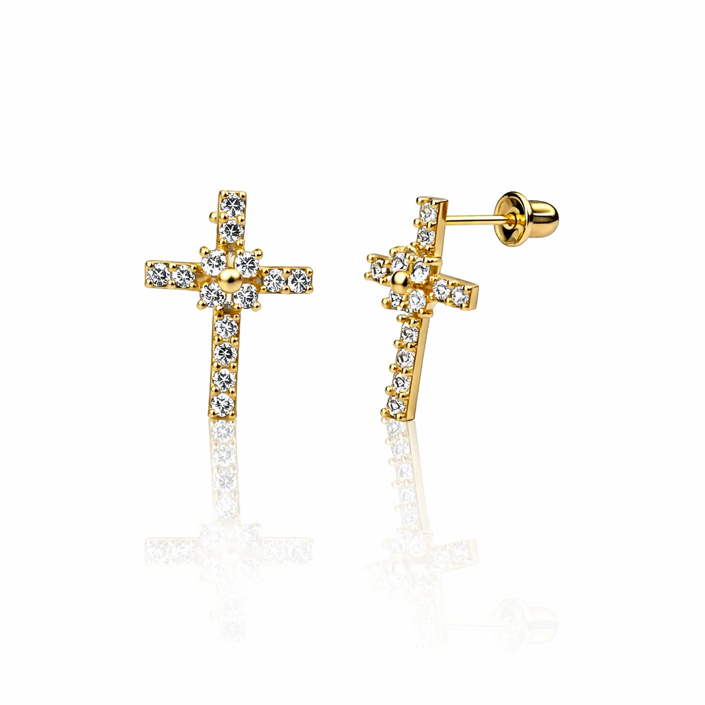 14K Yellow or White Gold CZ Cross Earrings