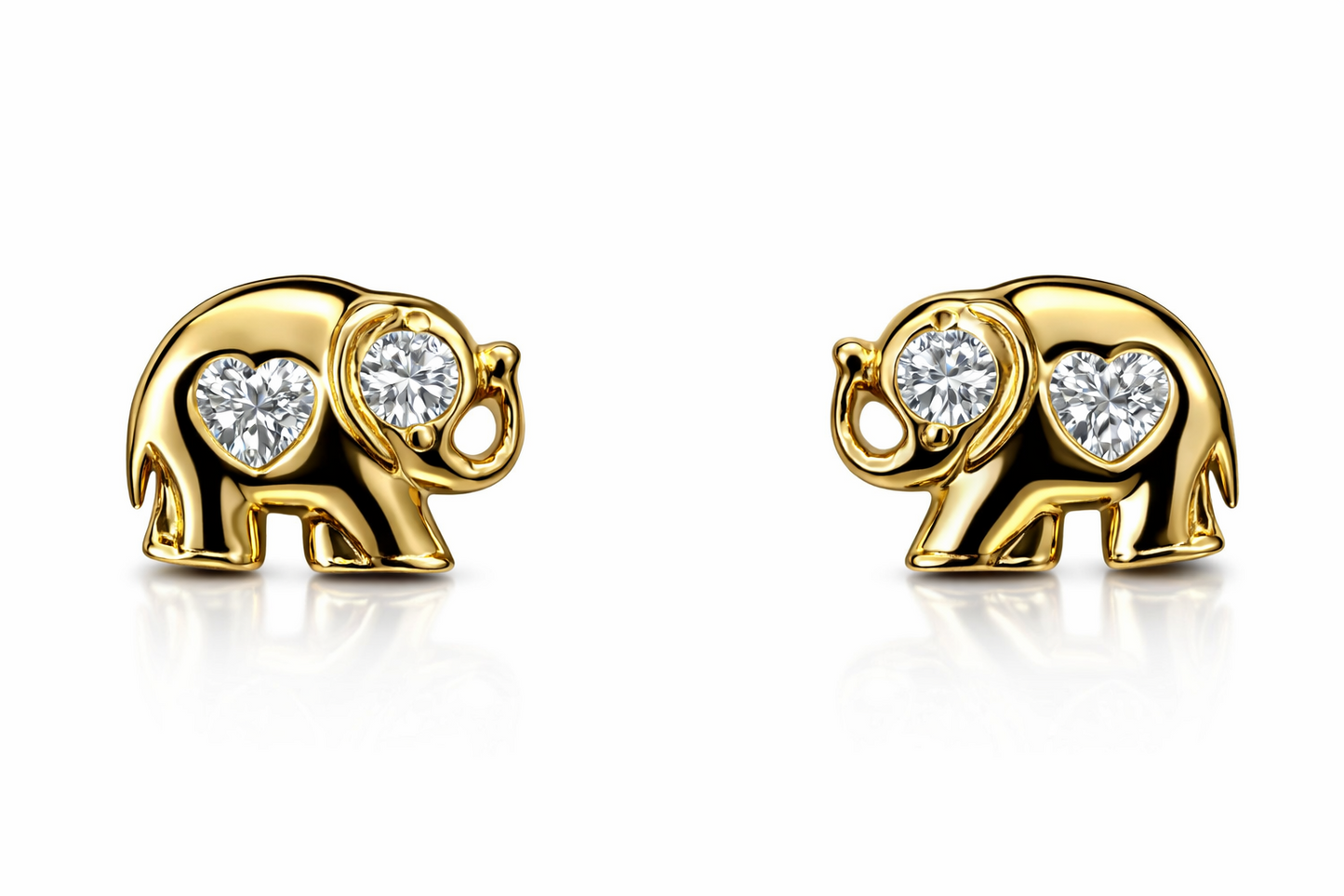 14k Yellow Gold Elephant CZ Heart Stud Earrings Screwback
