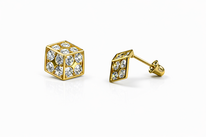 14K Yellow or White Gold Dice Stud Earrings Screw Back
