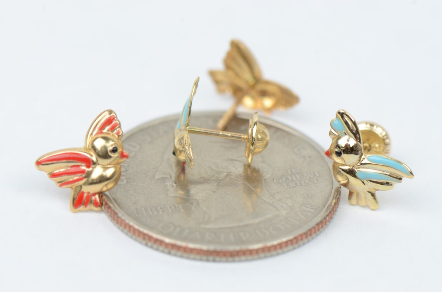 14k Yellow Gold Beautiful Enamel Bird Baby Earrings, Screw Back
