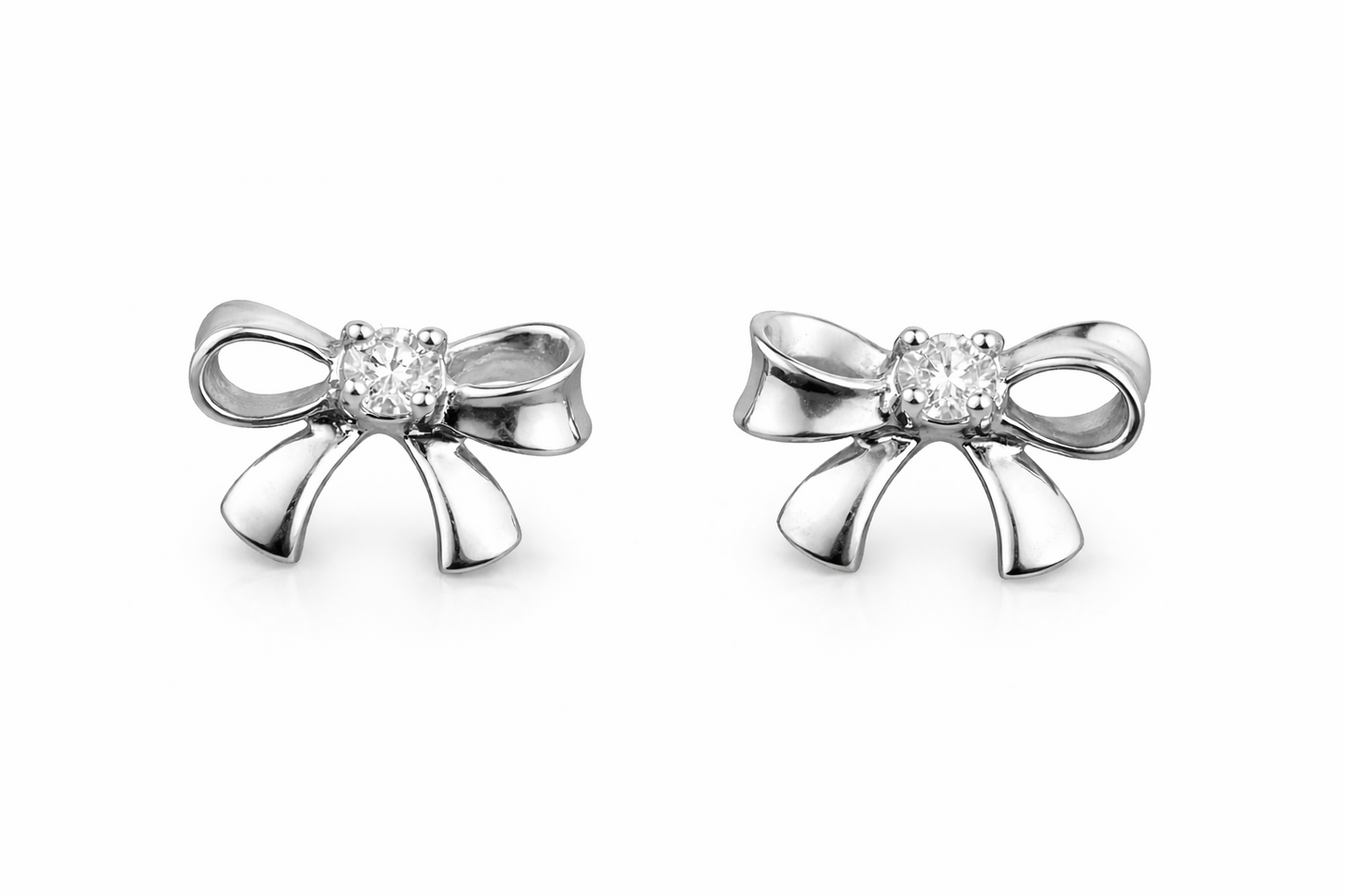 14k Solid White or Yellow Gold Bow Tie Stud Earrings with CZ