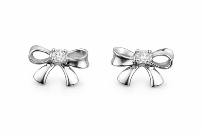 14k Solid White or Yellow Gold Bow Tie Stud Earrings with CZ